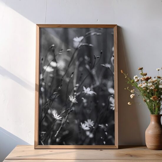 Baltas ziedu zvaigznītes melnbaltā fotogrāfijā